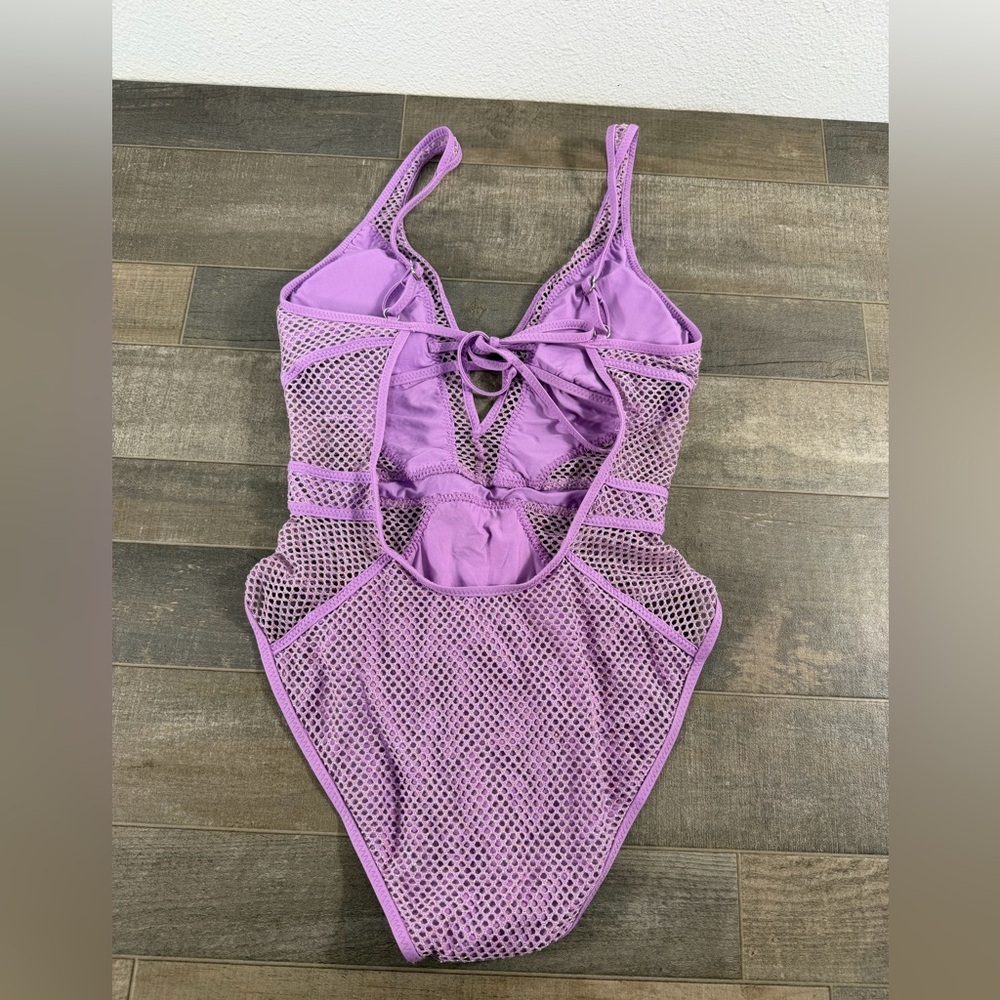 NEW BECCA  Mesh Plunge Neck One Piece Purple Swimsuit - Picture 4 of 8